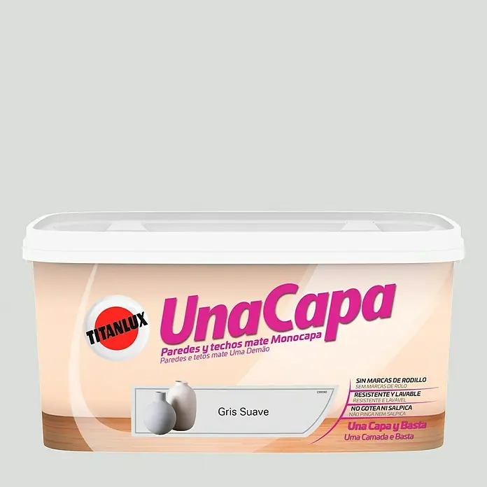 Titanlux Una Capa Pintura para paredes - Gris suave, 4 l, Mate