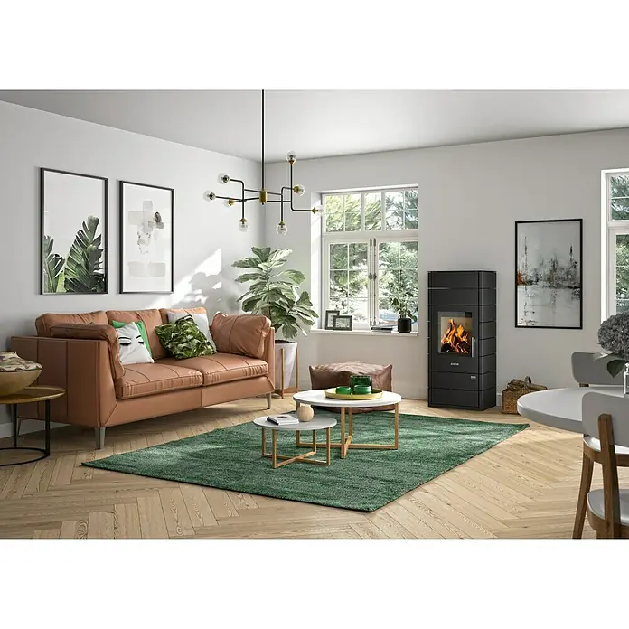 Justus Kaminofen Tova - 6 kW, Raumheizvermögen: 124 m³, Verkleidung: Stahl, Anthrazit - Vorderansicht
