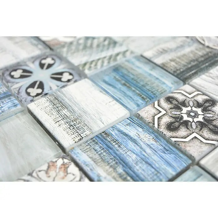 Mosaikfliese Quadrat Crystal XCM WOOD 300 - 30 x 30 cm, Blau/Grau, Glänzend - Detailaufnahme