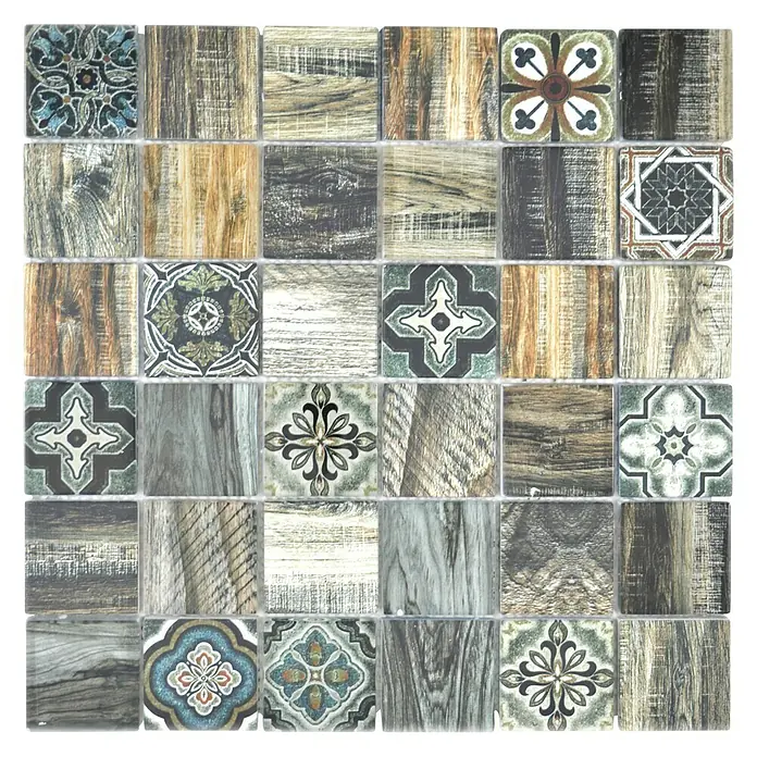 Mosaikfliese Quadrat Crystal XCM WOOD 500 - 30 x 30 cm, Grün/Braun, Glänzend - Vorderansicht