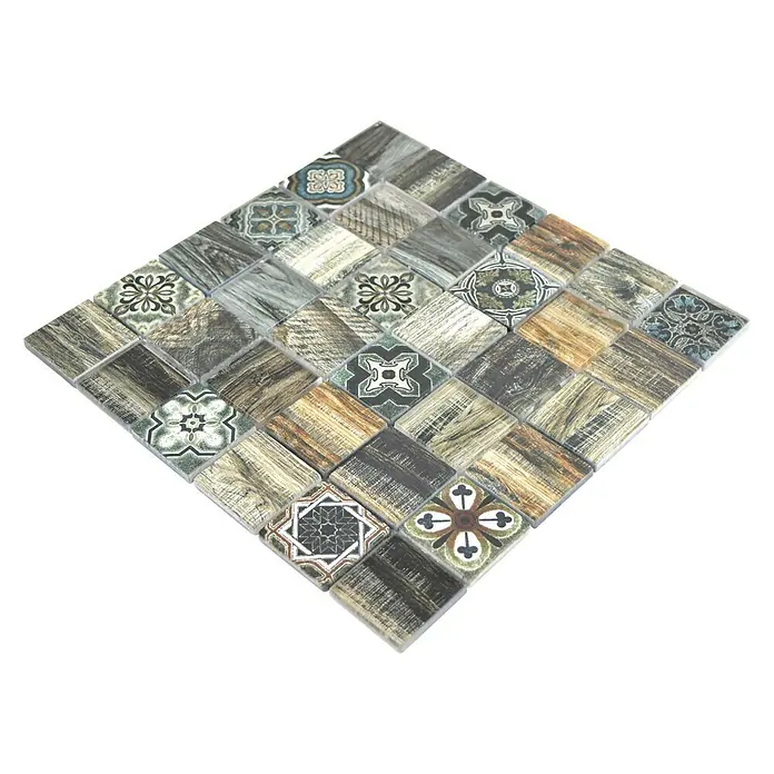 Mosaikfliese Quadrat Crystal XCM WOOD 500 - 30 x 30 cm, Grün/Braun, Glänzend - Ansicht von oben