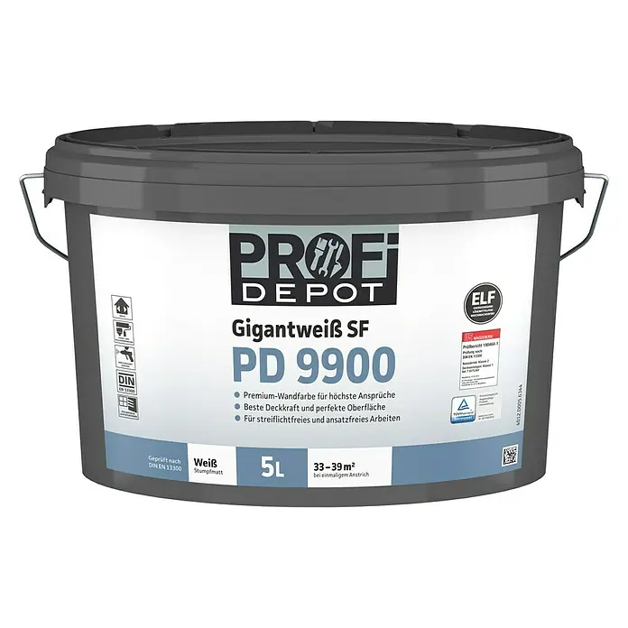 Profi Depot PD Wandfarbe Gigantweiß SF PD 9900 - Weiß, Stumpfmatt, 5 l - Vorderansicht