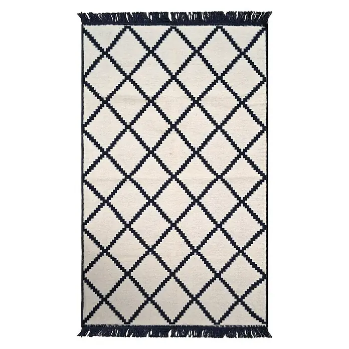 Teppich Kelim Raute - Schwarz/Weiß, Weiß/Schwarz, 120 x 80 cm, 100 % Baumwolle - Ansicht von oben