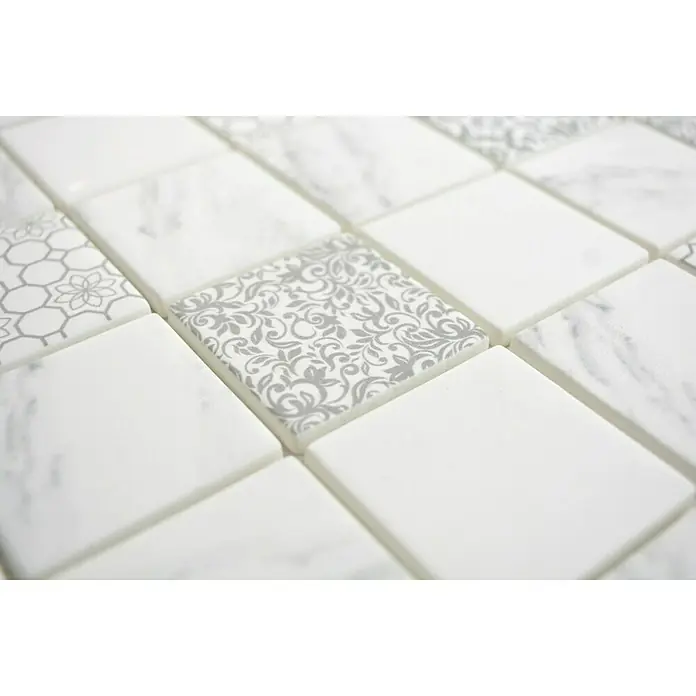 Mosaikfliese Quadrat Mix EMILY 61 - 30 x 30 cm, Weiß/Grau, Matt - Detailaufnahme