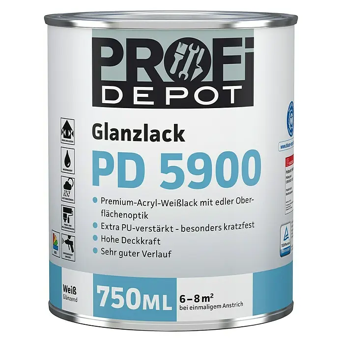 Profi Depot PD Acryllack Glanzlack PD 5900 - Weiß, 750 ml, Glänzend - Vorderansicht