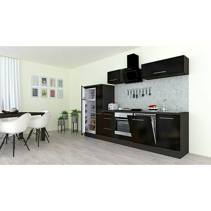 Respekta Premium Küchenzeile RP310ESCBO - Breite: 310 cm, Mit Elektrogeräten, Schwarz Hochglanz - Stimmungsaufnahme
