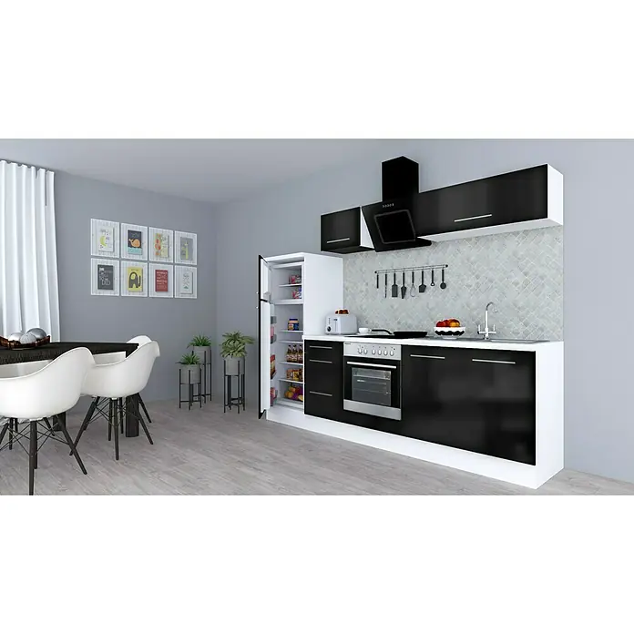 Respekta Premium Küchenzeile RP270WSCBO - Breite: 270 cm, Mit Elektrogeräten, Schwarz Hochglanz - Stimmungsaufnahme