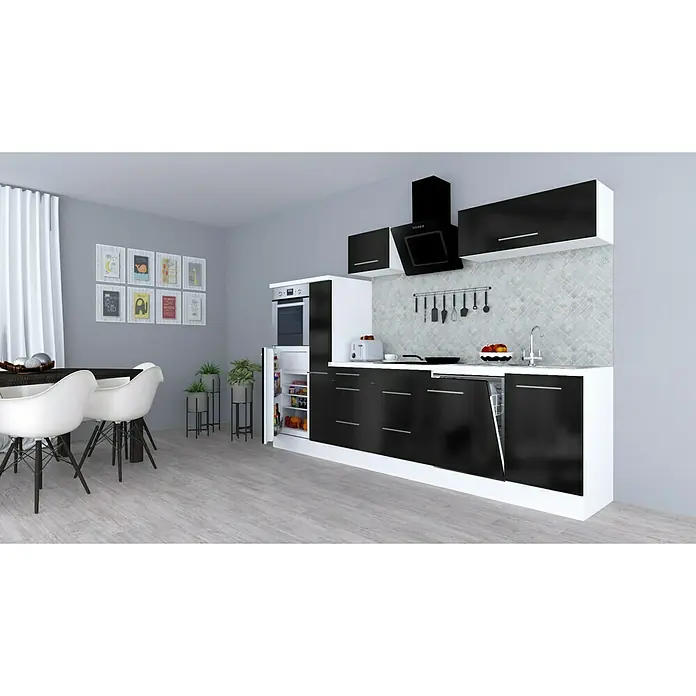 Respekta Premium Küchenzeile RP310HWSBO - Breite: 310 cm, Mit Elektrogeräten, Schwarz Hochglanz - Stimmungsaufnahme