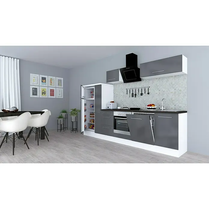 Respekta Premium Küchenzeile RP310WGCBO - Breite: 310 cm, Mit Elektrogeräten, Grau Hochglanz - Stimmungsaufnahme