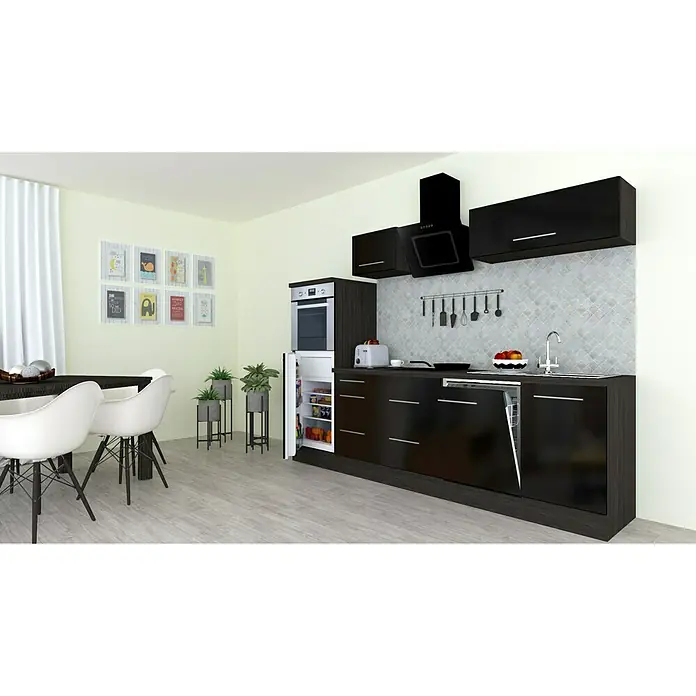 Respekta Premium Küchenzeile RP280HESBO - Breite: 280 cm, Mit Elektrogeräten, Schwarz Hochglanz - Stimmungsaufnahme
