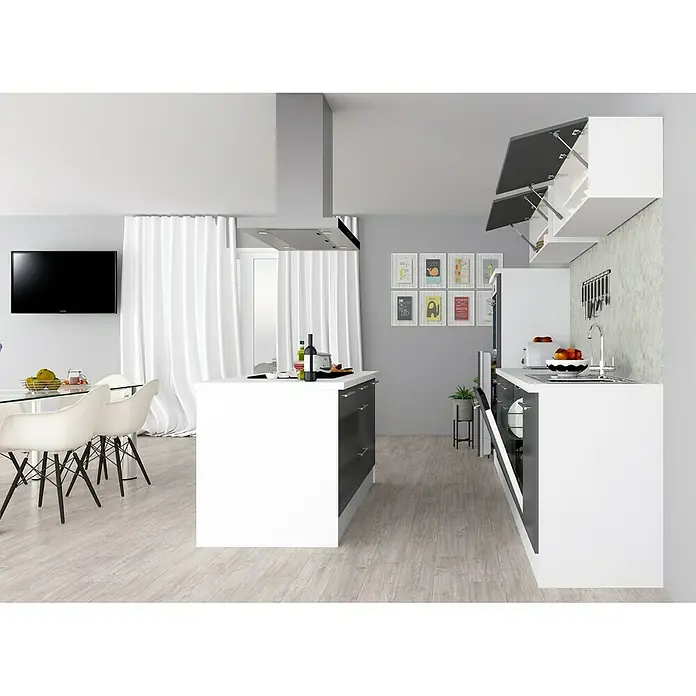 Respekta Premium Inselküche RP310IWGCBO - Breite: 310 cm, Mit Elektrogeräten, Grau Hochglanz - Stimmungsaufnahme