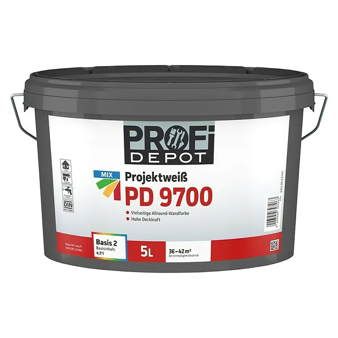 Profi Depot PD Wandfarbe Projektweiß PD 9700 - Basismischfarbe, 5 l, Stumpfmatt - Vorderansicht