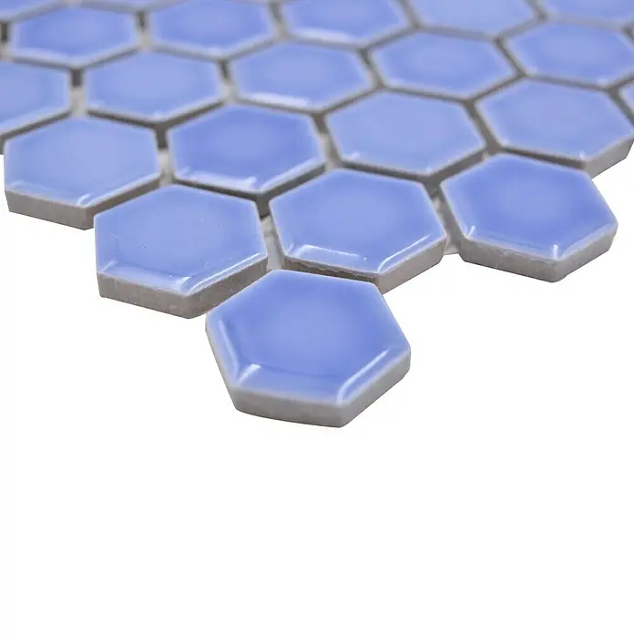 Mosaikfliese Hexagon Uni HX 280 - 26 x 30 cm, Blau, Glänzend - Detailaufnahme