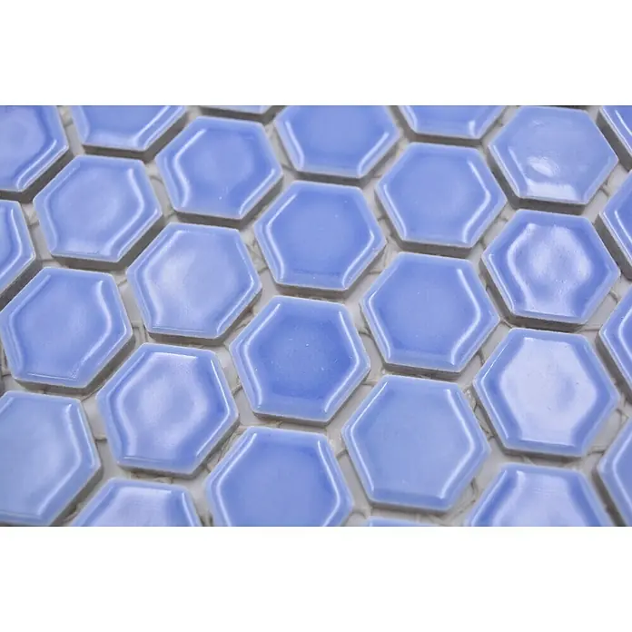 Mosaikfliese Hexagon Uni HX 280 - 26 x 30 cm, Blau, Glänzend - Detailaufnahme