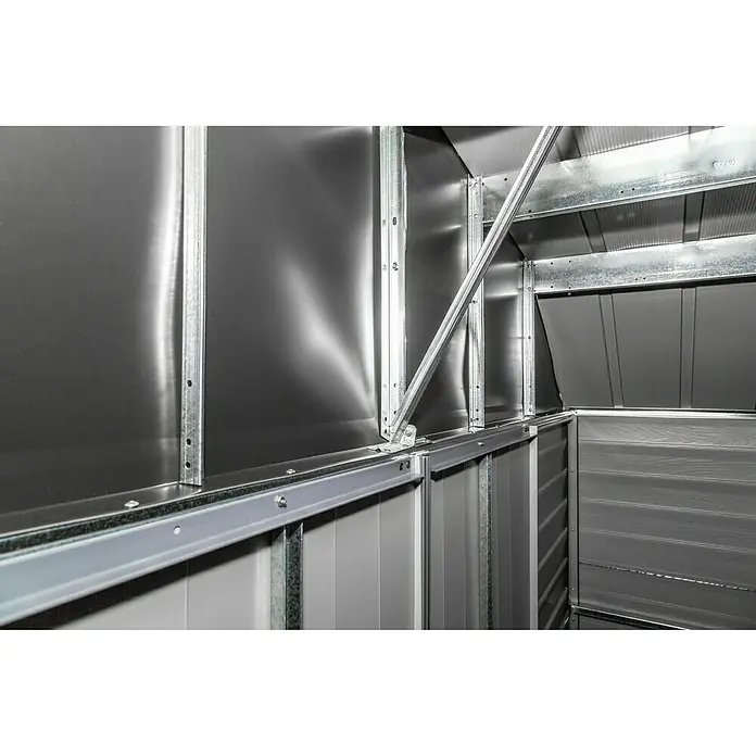 Spacemaker Gerätehaus 10x9 - Außenbreite inkl. Dachüberstand: 313 cm, Außentiefe inkl. Dachüberstand: 273 cm, Stahl, Charcoalgrau - Detailaufnahme