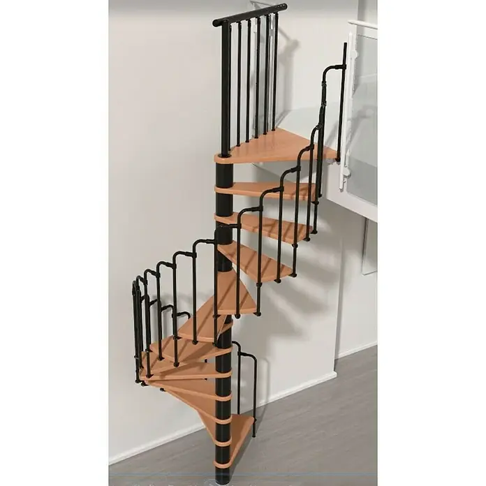 Minka Spindeltreppe Paris - Durchmesser: 140 cm, Schwarz, Farbe Stufen: Buche Natur, Geschosshöhe: 309 cm - Vorderansicht