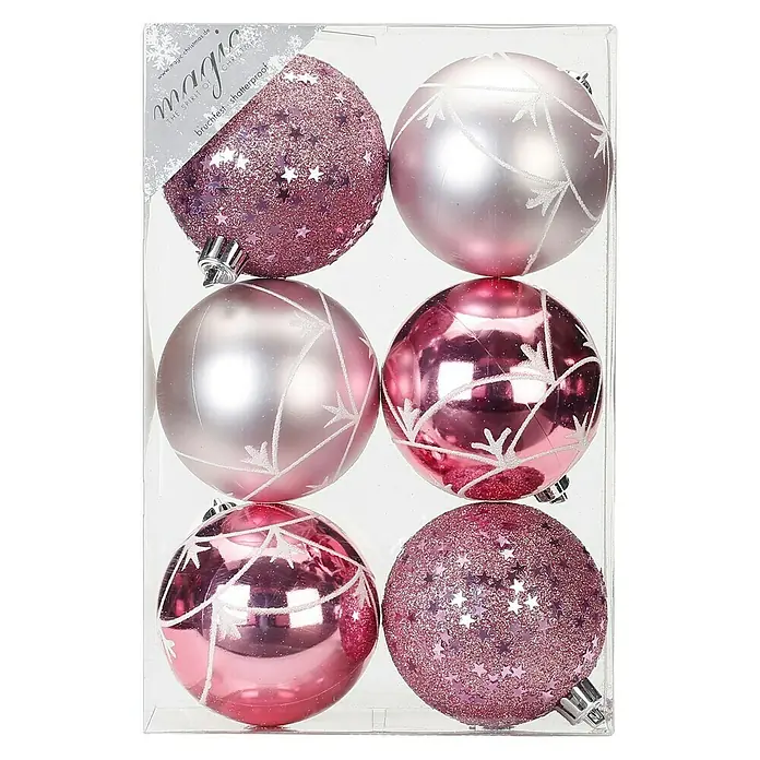 Christbaumkugel-Mix - Rosa, Perle, Kunststoff, Durchmesser: 8 cm, 6 Stk. - Vorderansicht