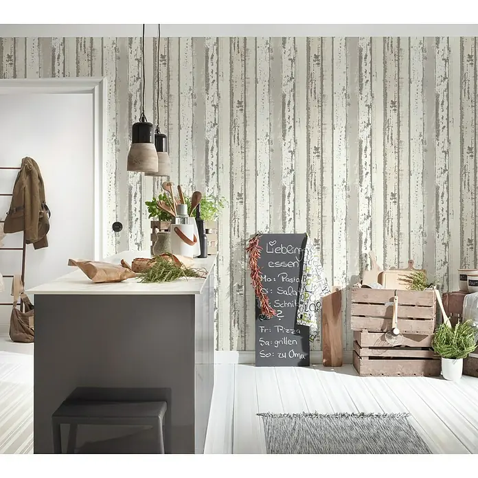 AS Creation Authentic Walls Vliestapete - Grau/Weiß, Holzoptik, 10,05 x 0,53 m - Stimmungsaufnahme