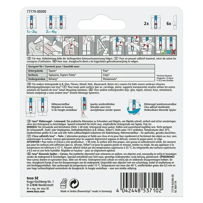 Tesa Klebenagel - Geeignet für: Leinwände, Belastbarkeit: 2 kg, 2 Stk., Blau - Rückansicht