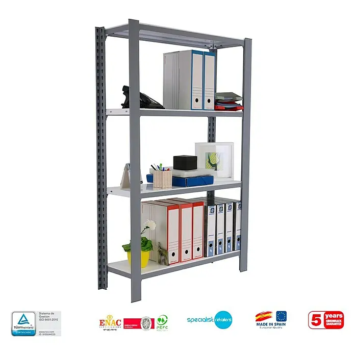 Simonrack Simonoffice Estantería para archivadores Offliclick Metal Inicial - L x An x Al: 30 x 90 x 150 cm, Capacidad de carga: 200 kg/balda, Número de baldas: 4 ud., Gris/Blanco