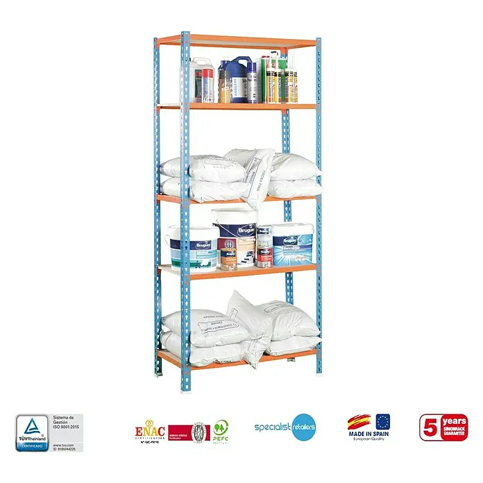 Simonrack Maderclick Estantería metálica - L x An x Al: 50 x 90 x 180 cm, Capacidad de carga: 150 kg/balda, Número de baldas: 5 ud., Inserción, Azul/Naranja