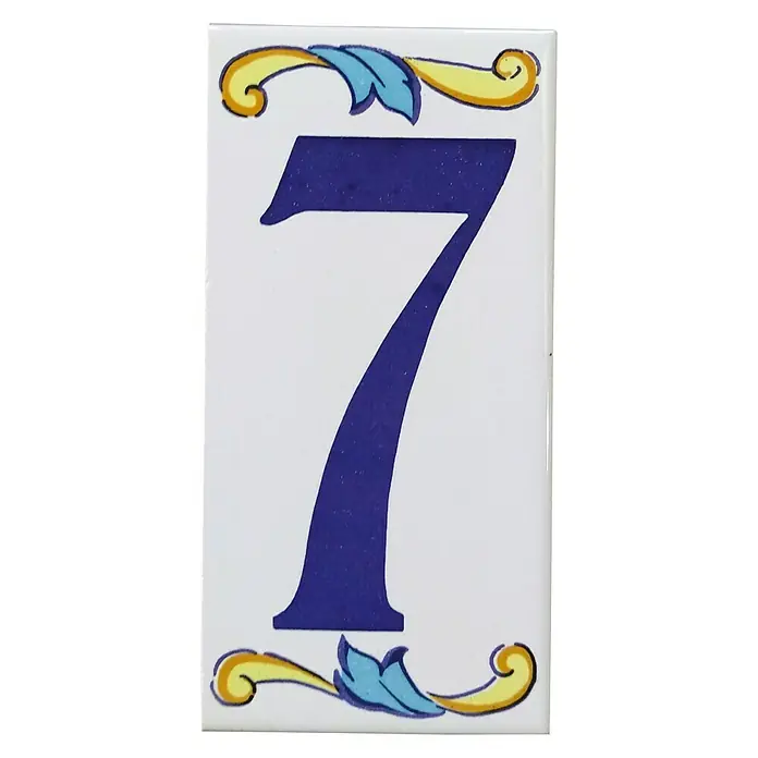 Azulejo de gres Número 7 - 7,5 x 15 cm, Blanco, Azul, Amarillo, Brillante