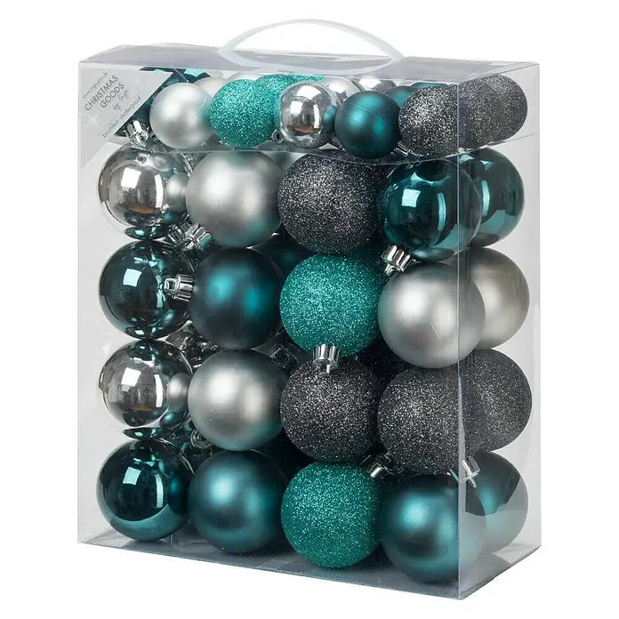 Christbaumkugel-Mix Grey-Emerald - Grau, Grün, Kunststoff, Durchmesser: 4 cm - 6 cm, 50 Stk.