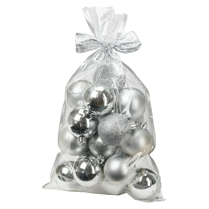 Christbaumkugel-Mix im Geschenkbeutel - Silber, Kunststoff, Durchmesser: 6 cm, 20 Stk.