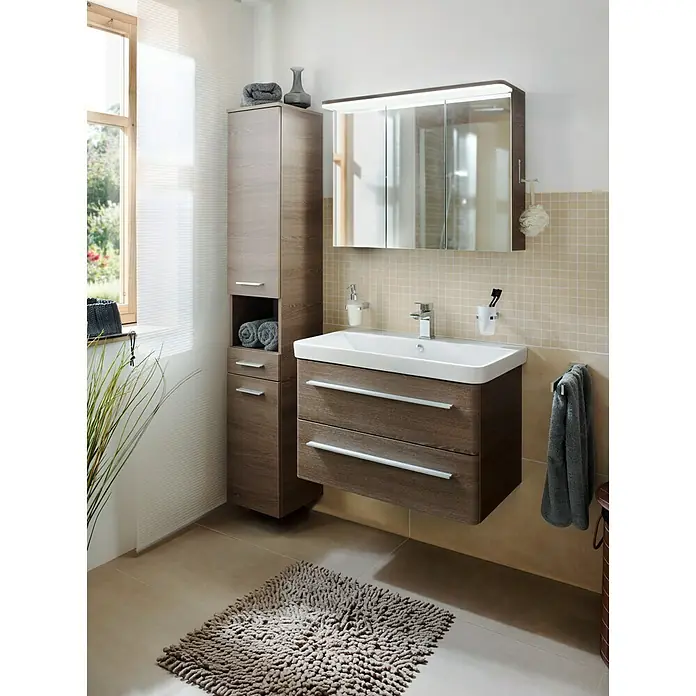Modern 3.0 Waschtischunterschrank - 76 x 49 x 48,7 cm, 2 Schubkästen, Eiche Maron, Matt - Stimmungsaufnahme