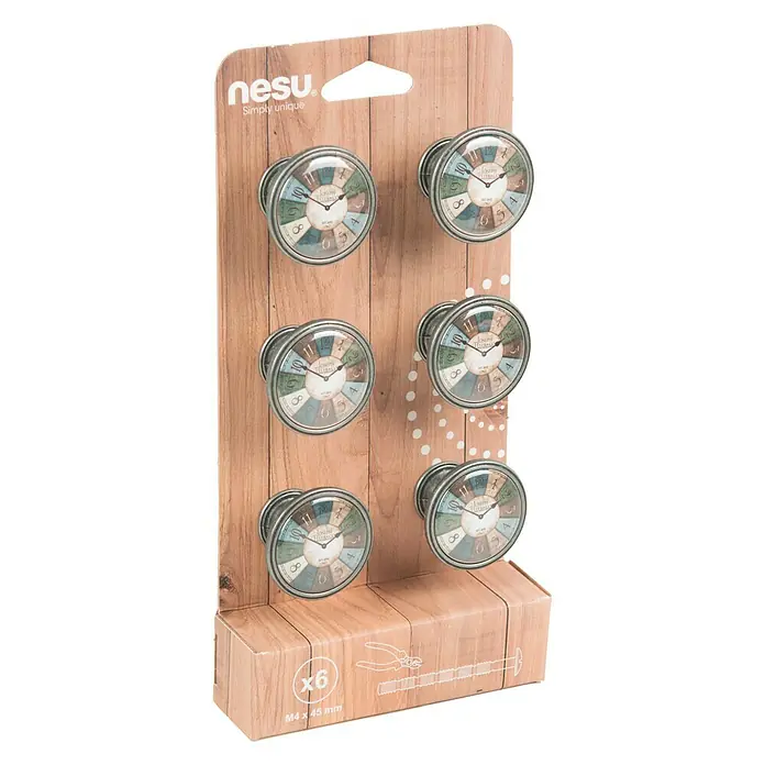 Nesu Set de pomos para muebles Reloj plateado 6 uds. - 6 pzs., Ø x Al: 37 x 26 mm