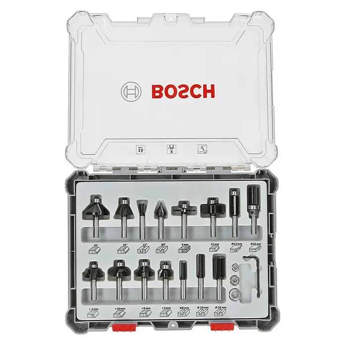 Bosch Fräser-Set Mixed - 15 -tlg., Durchmesser Schaft: 8 mm - Vorderansicht
