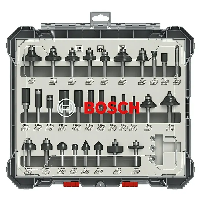 Bosch Fräser-Set Mixed - 30 -tlg., Durchmesser Schaft: 8 mm - Vorderansicht