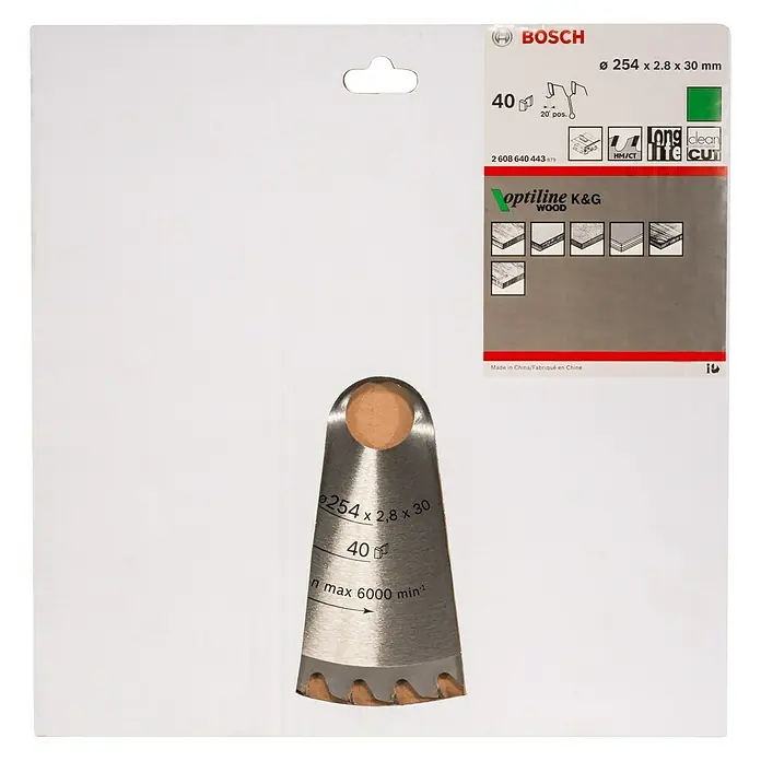 Bosch Kreissägeblatt Optiline Wood - Durchmesser: 254 mm, Bohrung: 30 mm, Anzahl Zähne: 40 Zähne - Vorderansicht