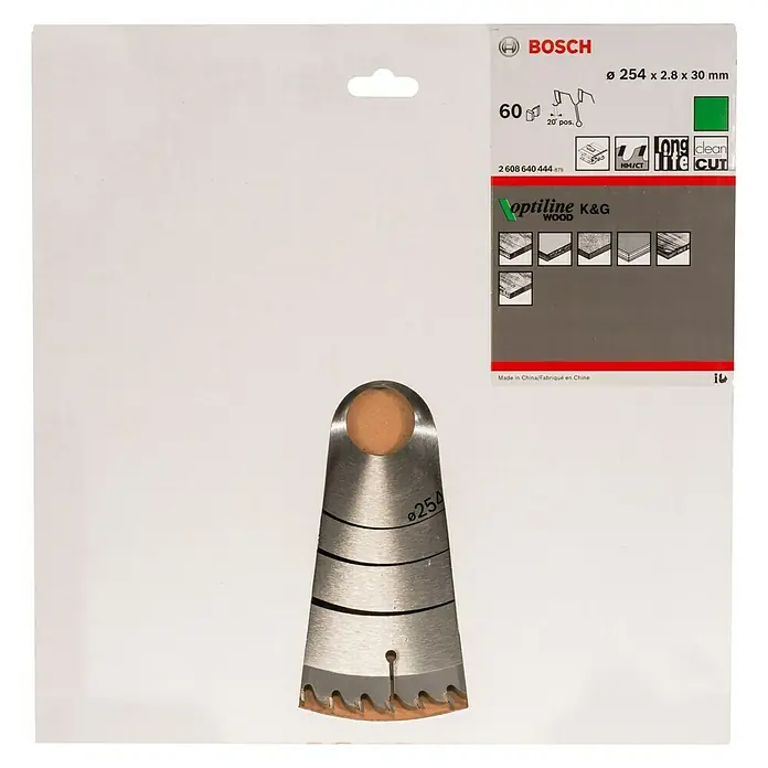 Bosch Kreissägeblatt Optiline Wood - Durchmesser: 254 mm, Bohrung: 30 mm, Anzahl Zähne: 60 Zähne - Vorderansicht