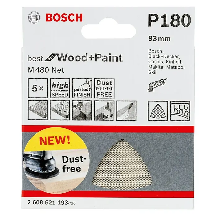 Bosch Schleifblätter M480 Best for Wood - L x B: 93 x 93 mm, Körnung: 180, 5 Stk. - Vorderansicht