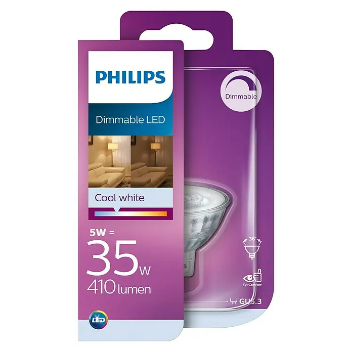 Philips Bombilla reflectora LED - 5 W, GU5,3, 36 °, Color de luz: Blanco neutro, Intensidad regulable