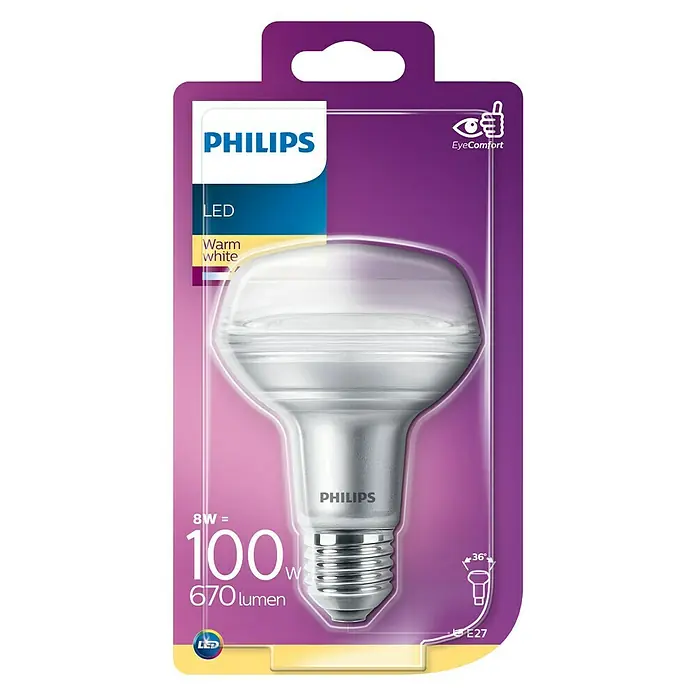 Philips Bombilla reflectora LED - 8 W, E27, 36 °, Color de luz: Blanco cálido, No regulable