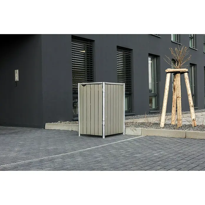 Hide Mülltonnenbox - 63,4 x 60,4 x 115,2 cm, Passend für: 1 Mülltonne 110 - 140 l, Holz, Natur/Grau - Stimmungsaufnahme