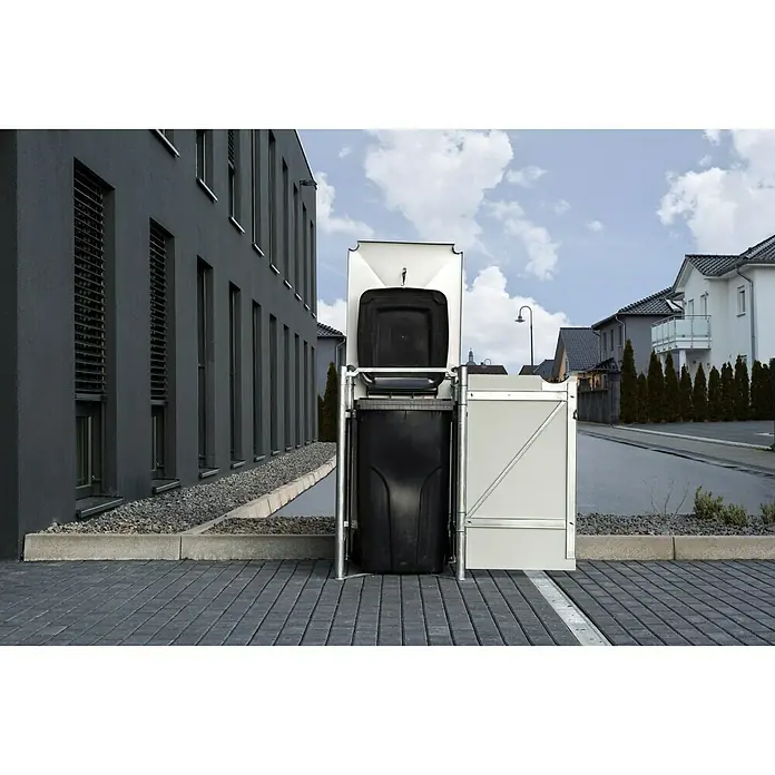 Hide Mülltonnenbox - 80,7 x 69,7 x 115,2 cm, Passend für: 1 Mülltonne 180 - 240 l, Kunststoff, Schwarz - Anwendungsbeispiel