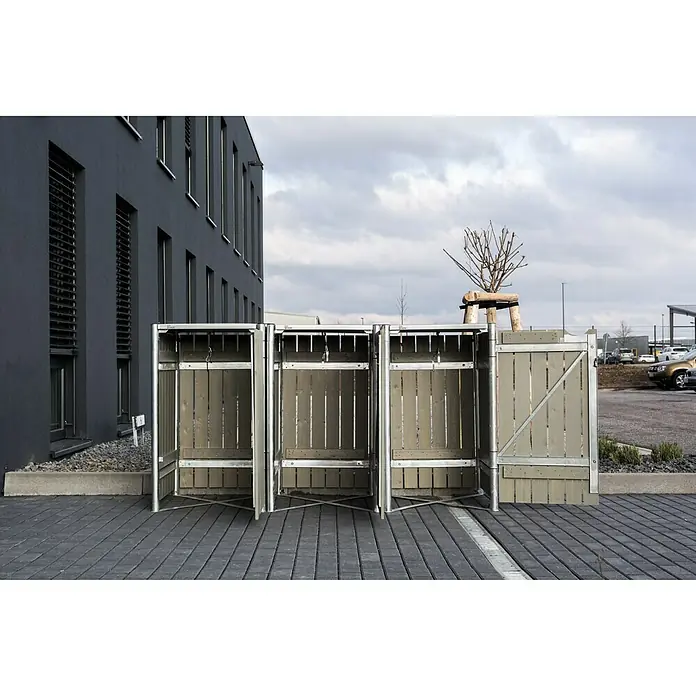 Hide Mülltonnenbox - 80,7 x 209,1 x 115,2 cm, Passend für: 3 Mülltonnen 180 - 240 l, Holz, Natur/Grau - Anwendungsbeispiel
