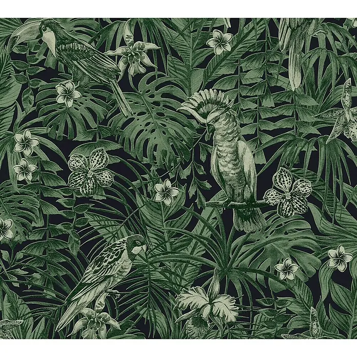 AS Creation Greenery Vliestapete Papagei - Dunkelgrün, Tieroptik, 10,05 x 0,53 m - Detailaufnahme