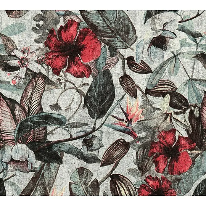 AS Creation Greenery Vliestapete Dschungelblüte - Weiß/Grau/Rot/Schwarz, Floral, 10,05 x 0,53 m - Detailaufnahme