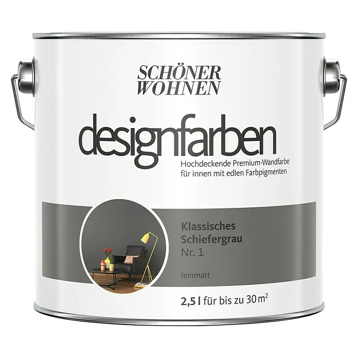 SCHÖNER WOHNEN-Farbe Wandfarbe Designfarbe - Klassisches Schiefergrau, 2,5 l, Matt - Vorderansicht