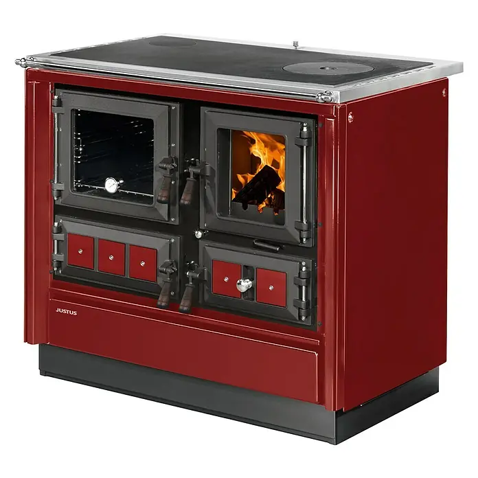 Justus Küchenherd Rustico-90 2.0 - 7 kW, Raumheizvermögen: 144 m³, Bordeaux, Backofen links - Vorderansicht