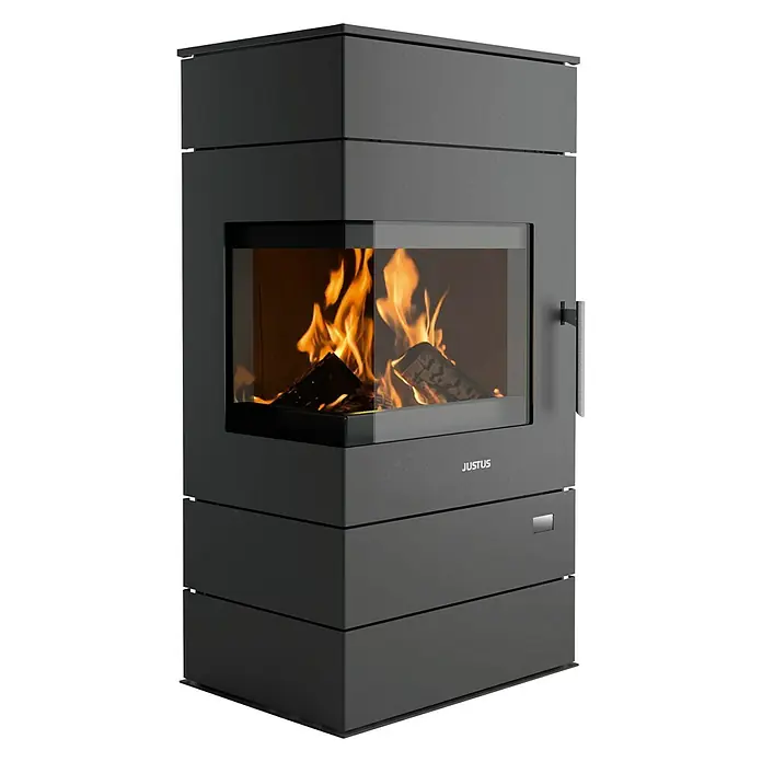Justus Kaminofen Voga - 6,5 kW, Raumheizvermögen: 131 m³, Verkleidung: Stahl, Schwarz - Vorderansicht