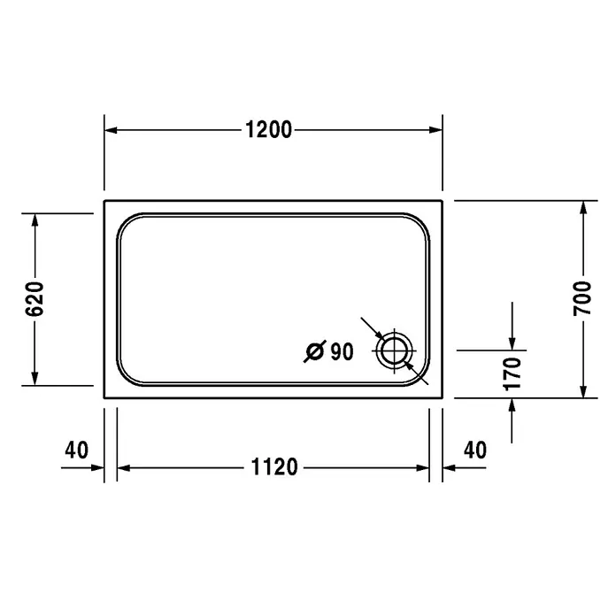 Duravit D-Code Duschwanne - L x B: 120 x 70 cm, Kunststoff, Weiß, Mit Antirutsch-Oberfläche, Rechteckig - Skizze