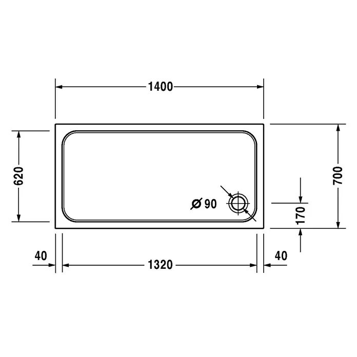 Duravit D-Code Duschwanne - L x B: 140 x 70 cm, Kunststoff, Weiß, Mit Antirutsch-Oberfläche, Rechteckig - Skizze