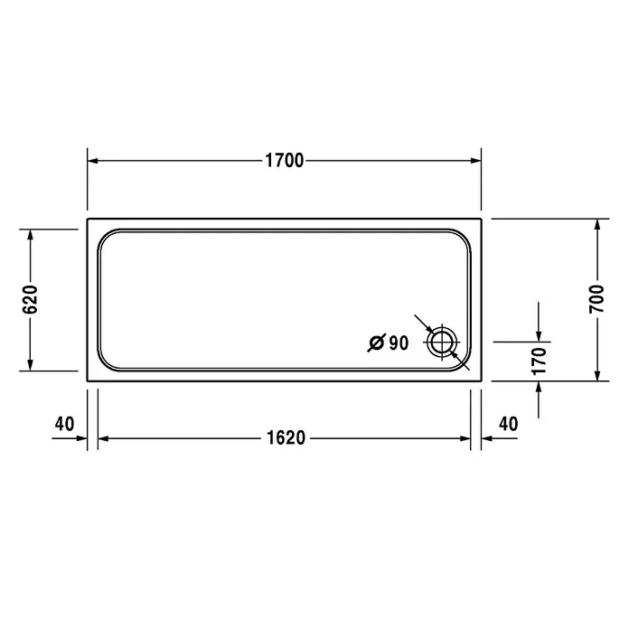 Duravit D-Code Duschwanne - L x B: 170 x 70 cm, Kunststoff, Weiß, Mit Antirutsch-Oberfläche, Rechteckig - Skizze