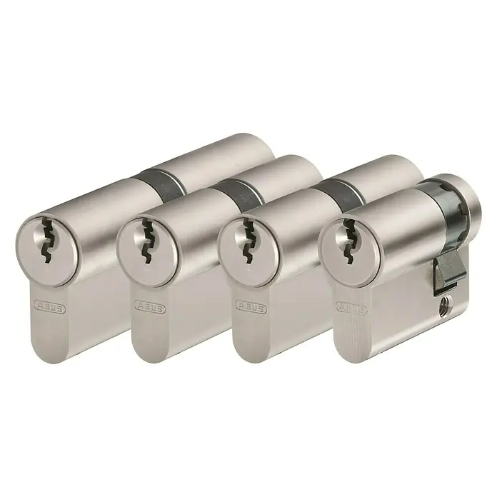 Abus Profilzylinder-Set E20 - 4 Stück - 1 x Halbzylinder 10/30, 2 x Doppelzylinder 30/30, 1 x Doppelzylinder 40/45, Baulänge innen: 40 mm, Baulänge außen: 45 mm, Anzahl Schlüssel: 5 Stk. - Vorderansicht
