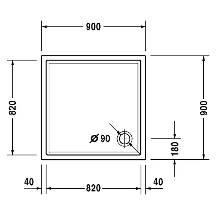 Duravit Duschwanne Starck Slimline - L x B: 90 x 90 cm, Kunststoff, Weiß, Mit Antirutsch-Oberfläche - Skizze